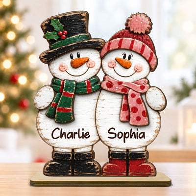 Retro Vintage Rustic Snowman Couple Forever Together - Personalized 2-Layered Wooden Plaque - Christmas Gift For Couple