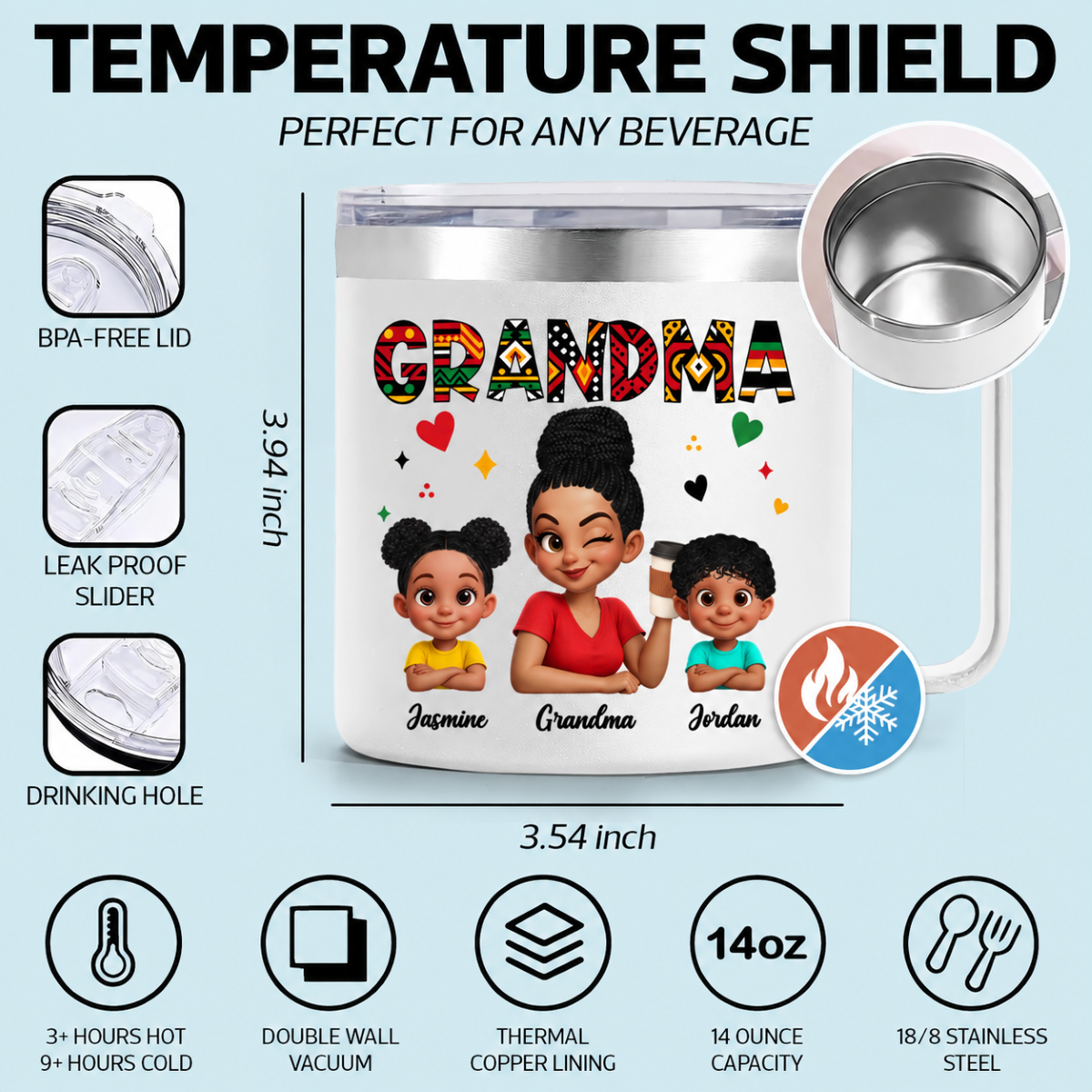 Tribal Pattern Grandma Grandkids Love - Personalized Stainless Steel Tumbler With Handle - Gift For Grandma