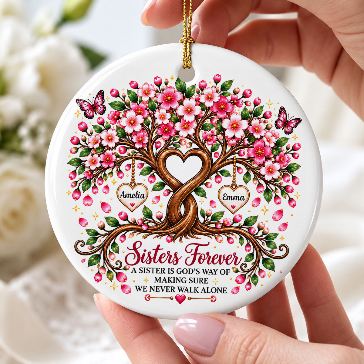Sisters Forever Heart Tree - Personalized Ceramic Ornament - Christmas Gift for Sisters, Siblings