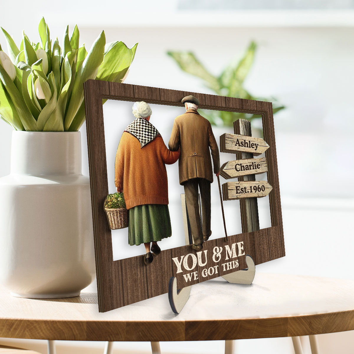 Old Couple Walking Together Personalized 2-Layer Wooden Plaque, Heartfelt Gift For Couple, For Him, For Her, Husband, Wife