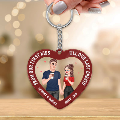 Cartoon Couple Hand In Hand Inside Heart Personalized Acrylic Keychain