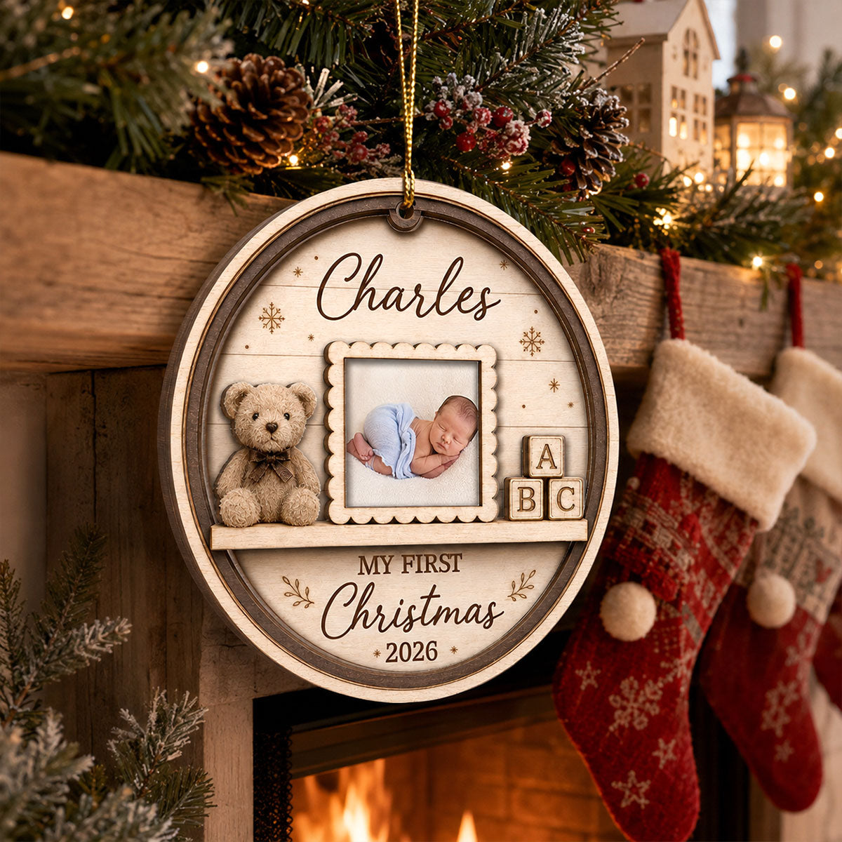 Baby's First Christmas Custom Photo Mini Nursery Shelf - Personalized 2-Layered Wooden Ornament - Baby's 1st Christmas Keepsake