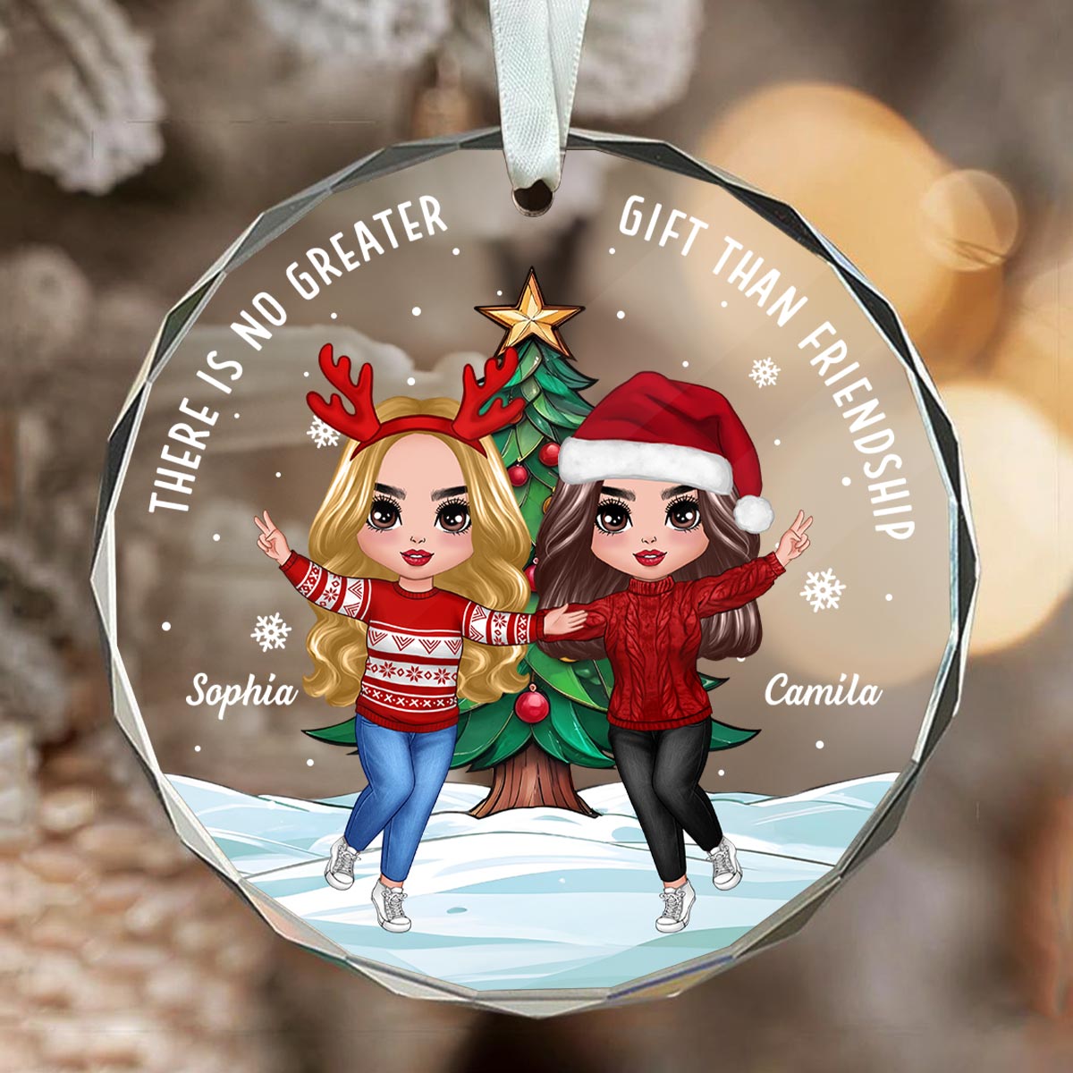 Happy Besties And Christmas Tree Personalized Glass Ornament, Christmas Gift For Him, For Her
