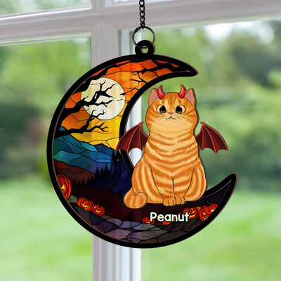 Halloween Cat On Moon Personalized Suncatcher, Halloween Decoration