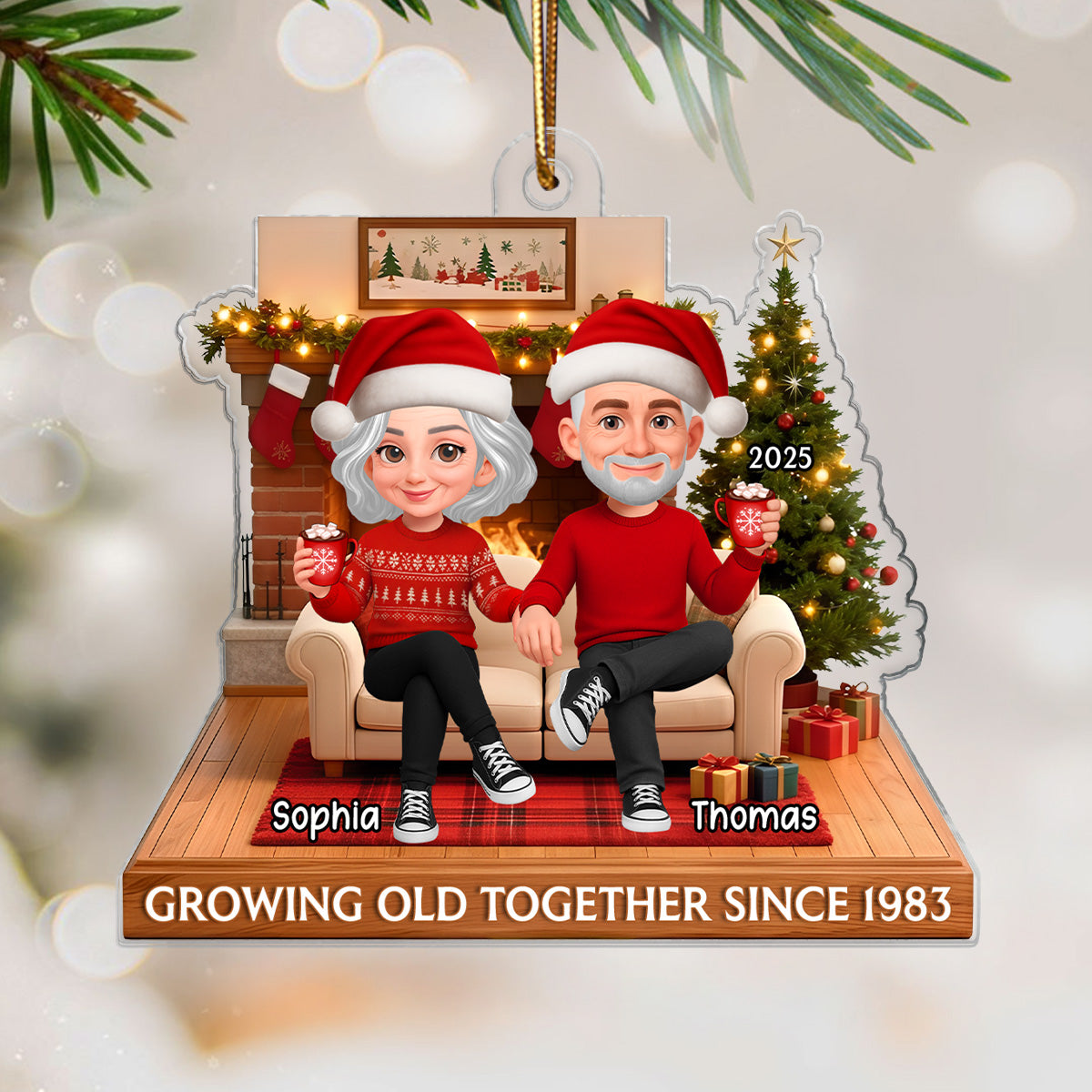 3D Effect Christmas Couple Cozy Christmas - Personalized Acrylic Ornament - Heartfelt Gift For Couple