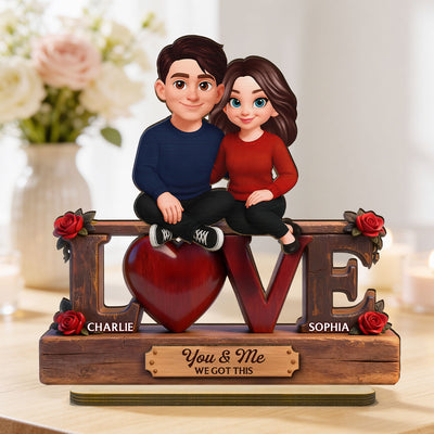 Roses LOVE Couple Sitting Embracing - Personalized 2-Layered Wooden Plaque - Valentine's Day Gift For Couple, For Him, For Her