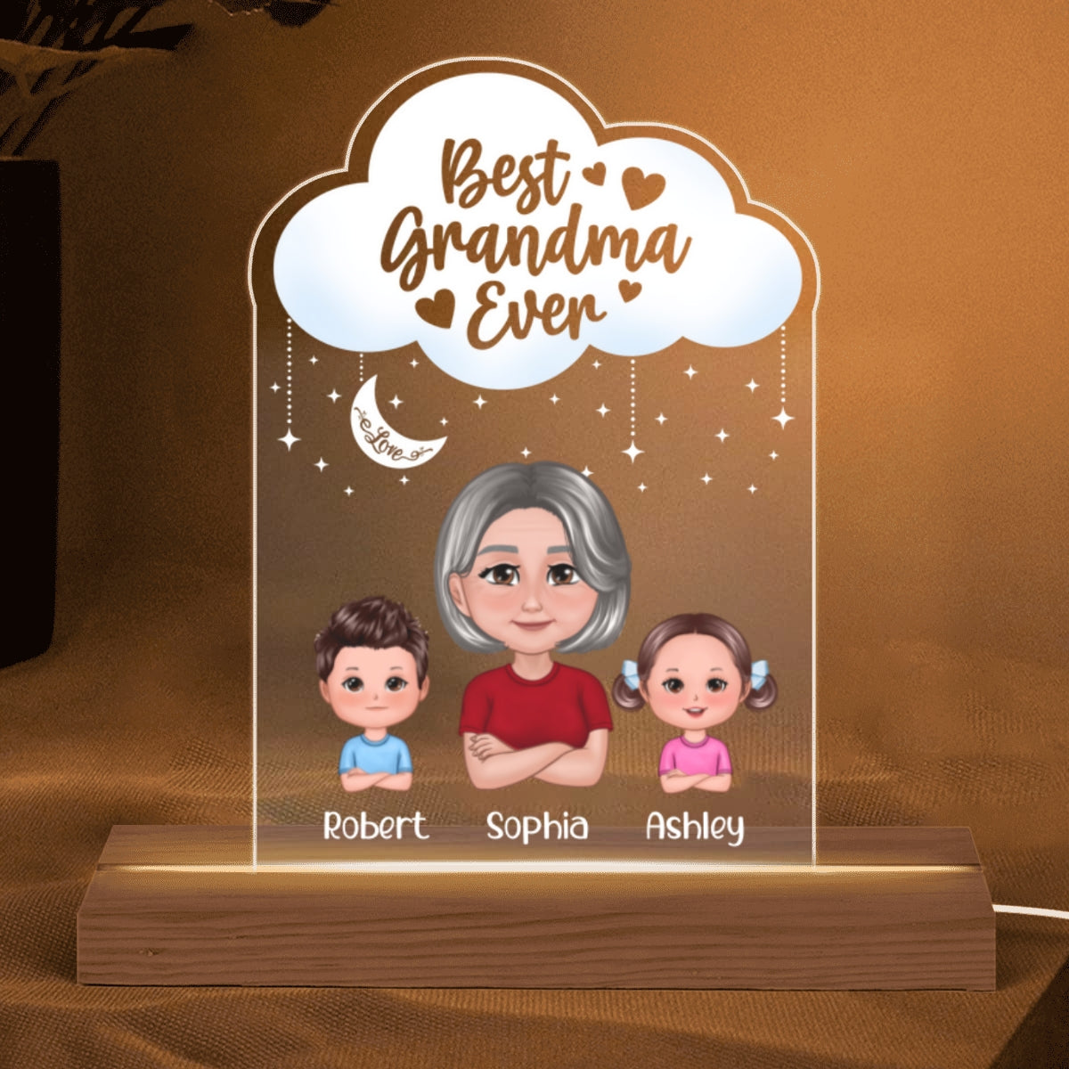 Pretty Doll Grandma Grandkids Moon Cloud Personalized Acrylic Custom Shape LED Night Light