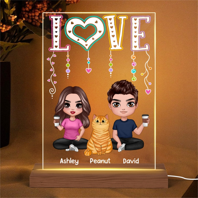 LOVE Happy Doll Man Woman Couple With Cats You Me And The Cats Personalized Rectangle Acrylic Plaque LED Night Light