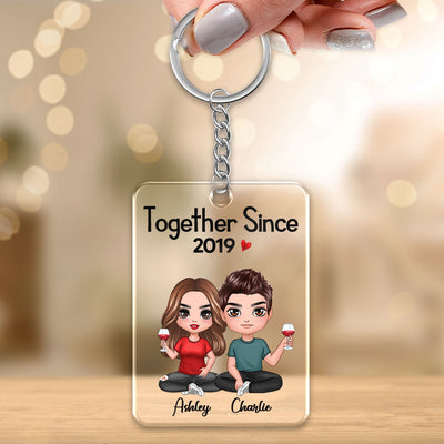 Doll Couple Sitting Together Since Personalized Acrylic Keychain - Anniversary Gift For Couple - Gift For Him, Gift For Her