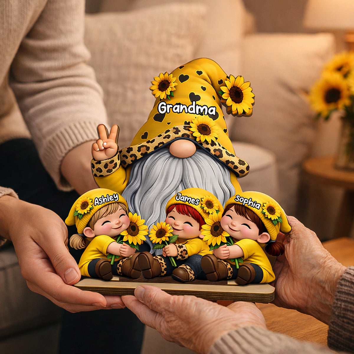 Gnome Grandma & Grandkids Sunflower - Personalized 2-Layered Wooden Plaque - Sentimental Gift for Grandma