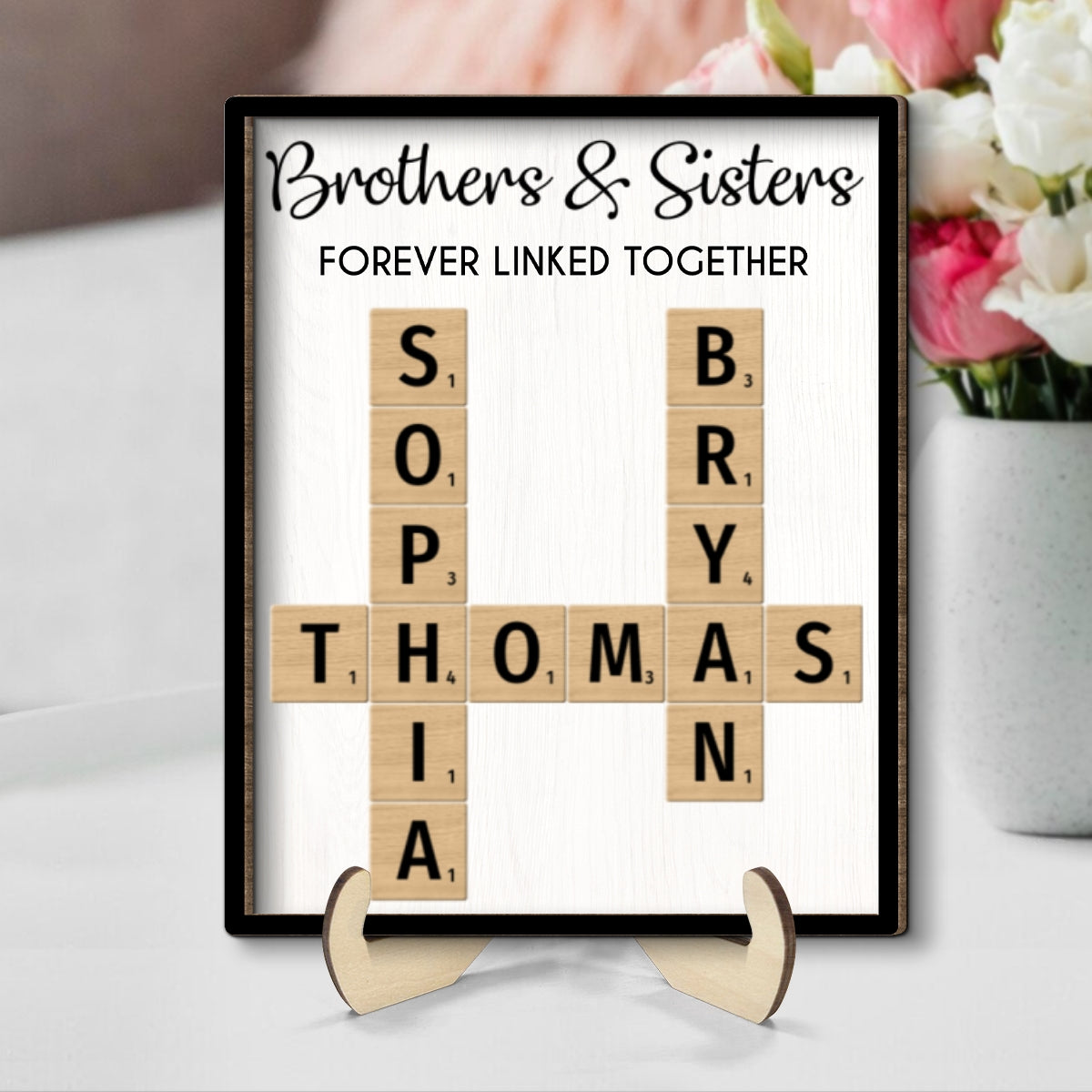 Brothers & Sisters Forever Linked Together Crossword Puzzle Art Personalized 2-Layer Wooden Plaque, Gift For Brothers, Sisters, Siblings, Family