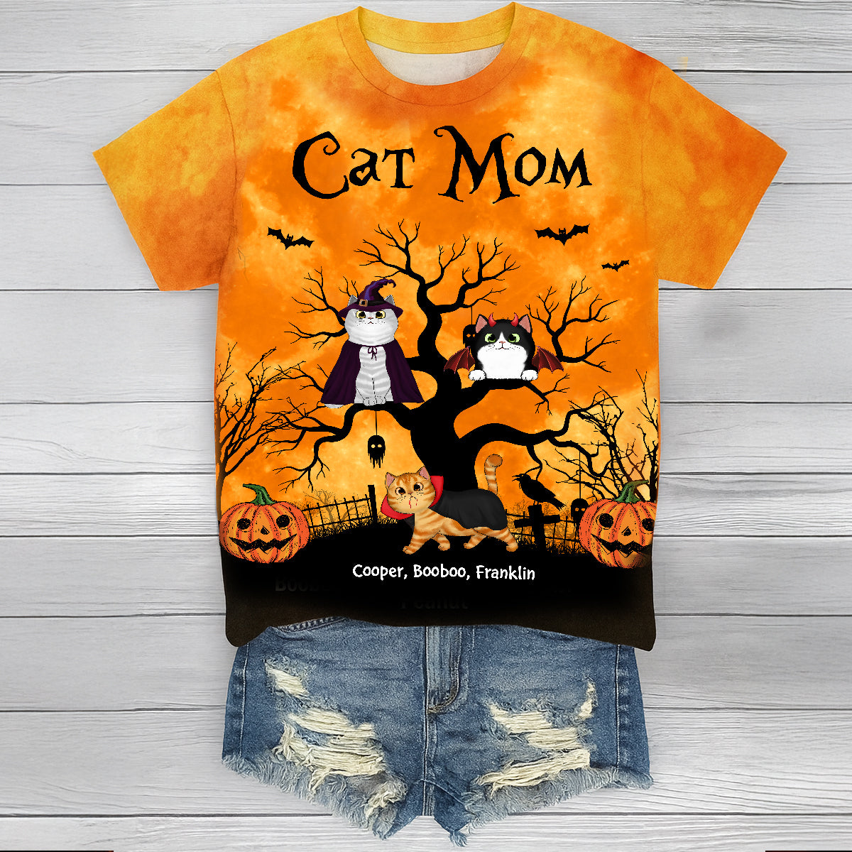 Cat Mom Halloween Moon Light Bat Cat Tree Personalized Shirt, Purrfect Costume for Cat Lover