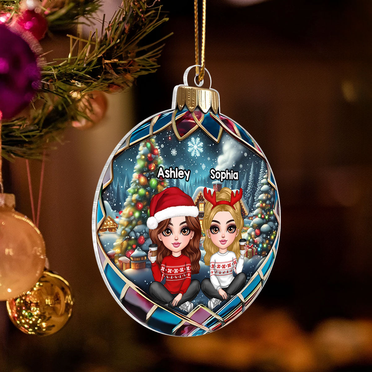 Realistic Christmas Winter Scene Besties Sisters Personalized Acrylic Ornament, Christmas Gift for Besties, Sisters, Friends
