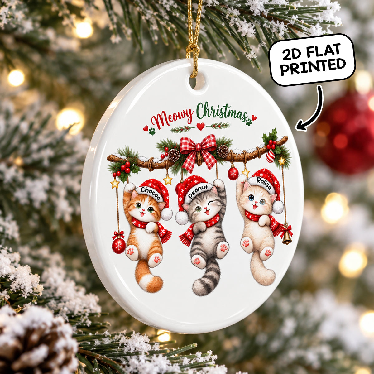 Meowy Christmas Cute Cats Hanging - Personalized Ceramic Ornament - Christmas Gift for Cat Lovers