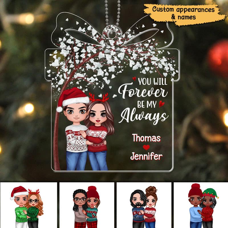 Doll Couple Hugging Under Tree Gift Shape Personalized Acrylic Ornament