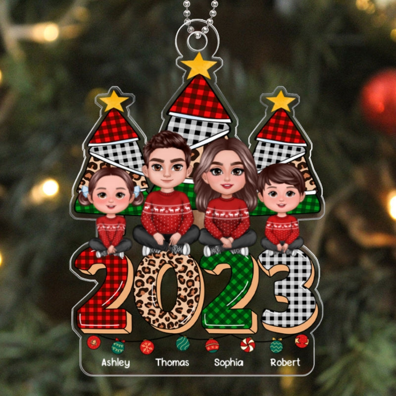Family Sitting On Checkered Leopard 2023 Christmas Tree Personalized Acrylic Ornament