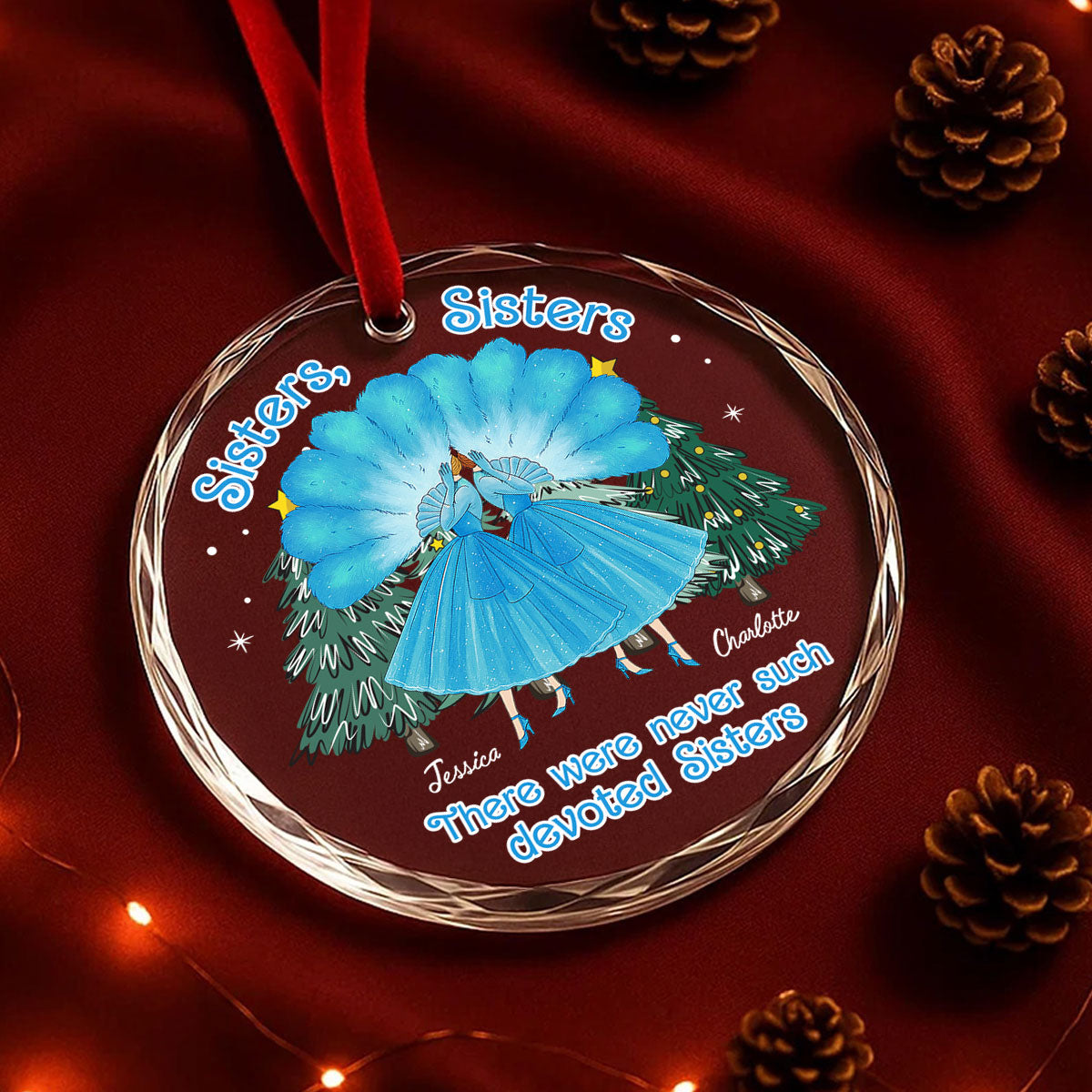 Sisters Sisters Besties in Blue Dresses Personalized Glass Ornament