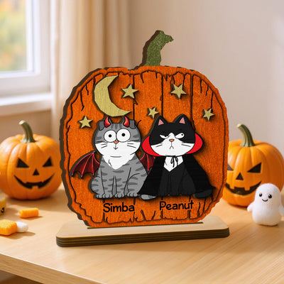 Halloween Funny Cats Pumpkin Shaped Personalized 2-Layer Standing Wooden Plaque, Spooky Halloween Tabletop, Tiered Tray, Shelf Sitter Decoration