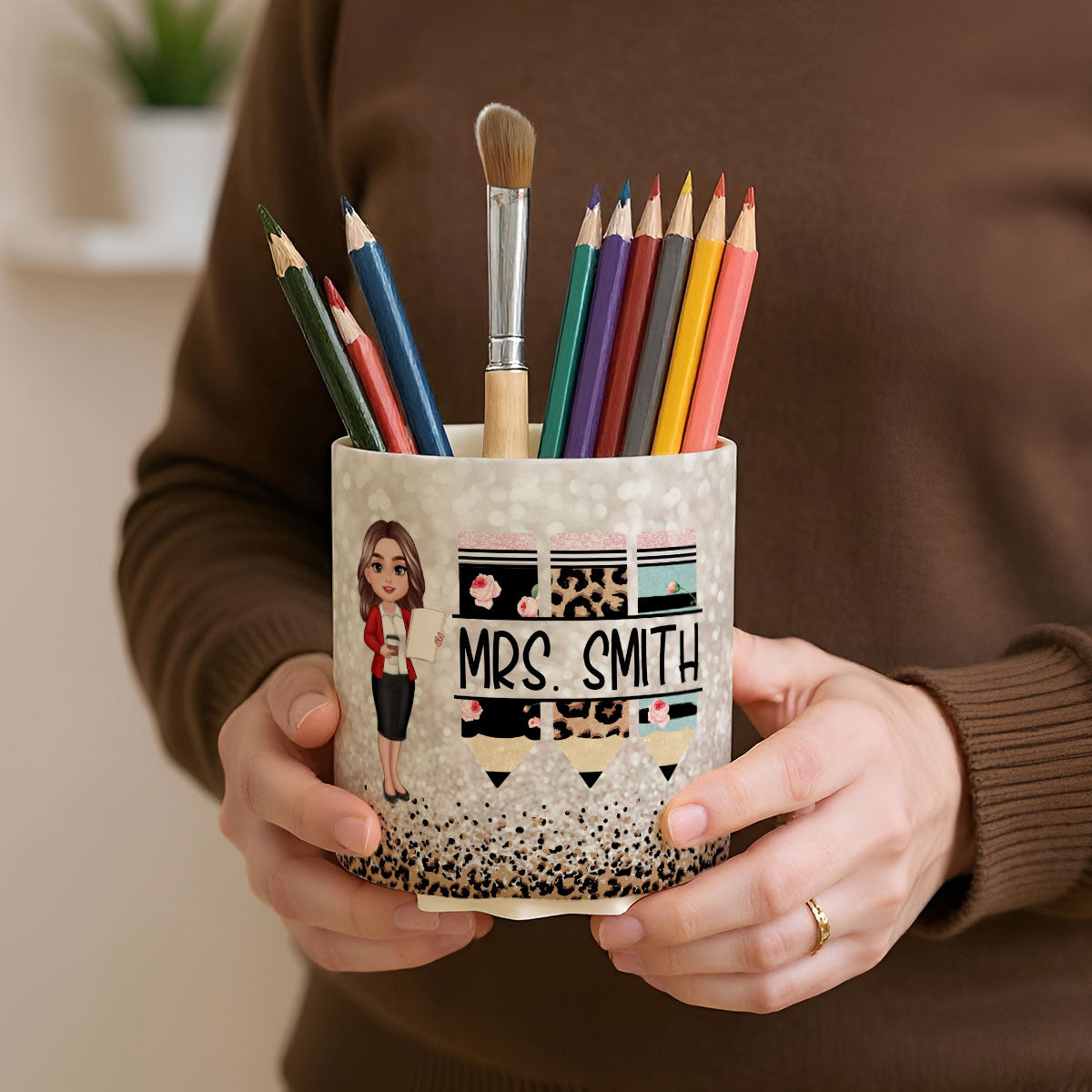 Teacher Leopard Rainbow Personalized Rotating Pen Holder, Teacher Appreciation Gift, Back To School Gift