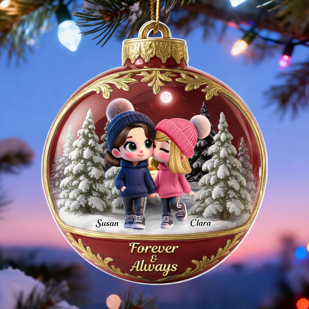 3D Effect Snow Globe Cartoon Couple Walking - Personalized Acrylic Ornament - Christmas Gift for him, Gift for her