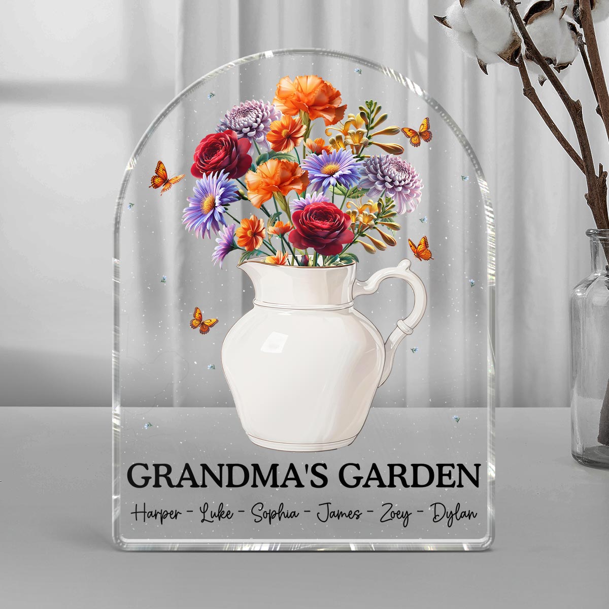 Grandma's Garden 3D Effect Birth Month Flower Vase Personalized Acrylic Block Plaque, Gift For Grandma