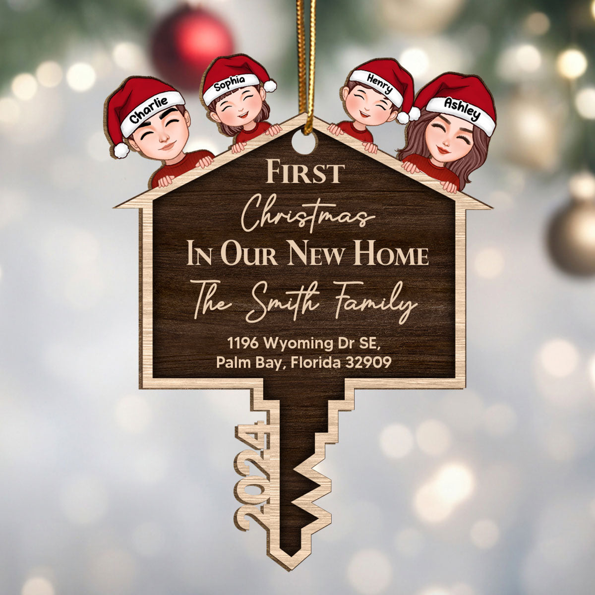 First Christmas In Our New Home Personalized Wooden Ornament, House Key Ornament For Christmas