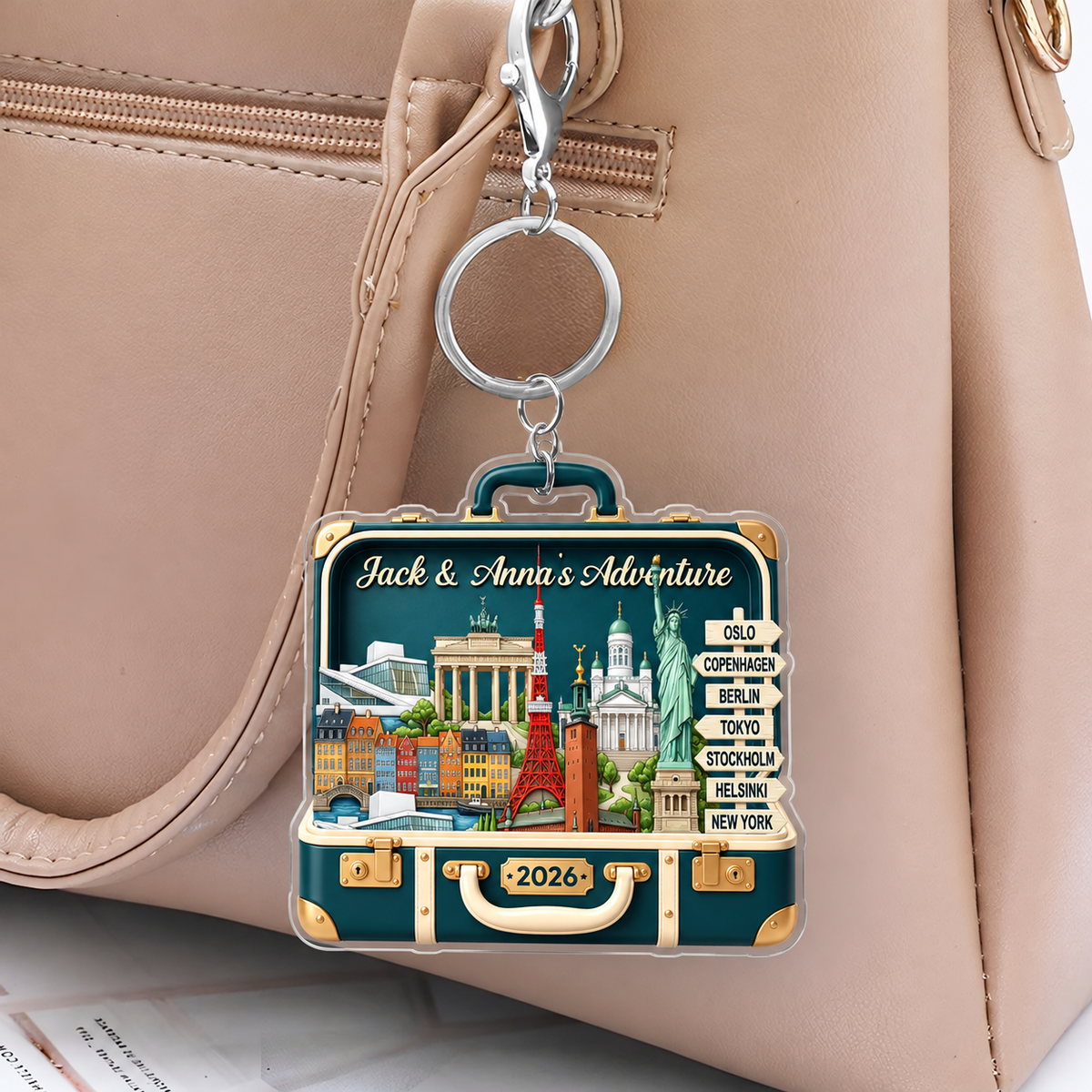 Custom Travel Adventure Suitcase 2D Flat Printed - Personalized Acrylic Keychain - Traveling Destination Keepsake, Christmas Gift For Traveling Lovers