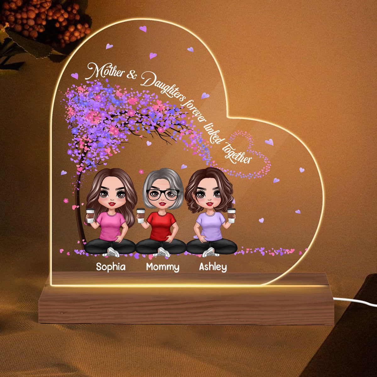 Doll Mother Daughters Under Tree Personalized Heart Shaped Acrylic Plaque With LED Night Light
