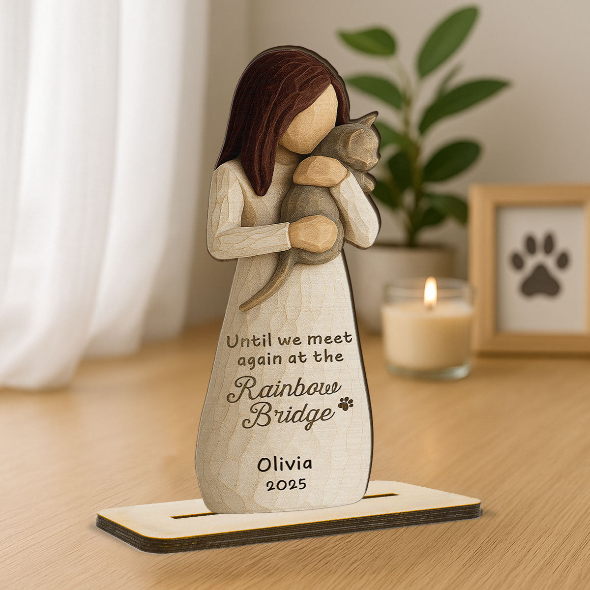 Until We Meet At Rainbow Bridge Woman & Cat 3D Effect Personalized Standing Wooden Plaque, Memorial Sympathy Gift