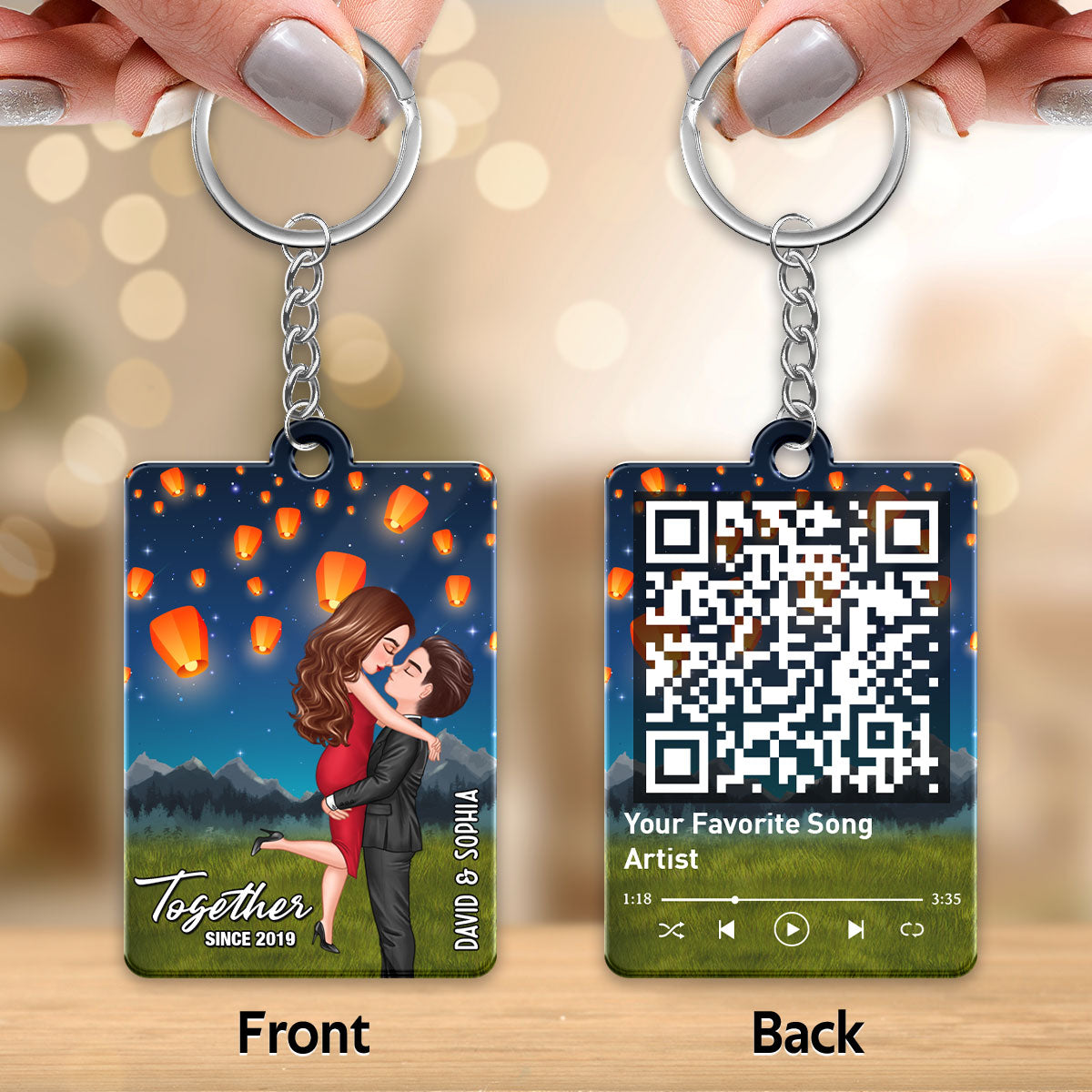 Couple Kissing Under Sky Lantern Night Favorite Song QR Song Personalized Acrylic Keychain