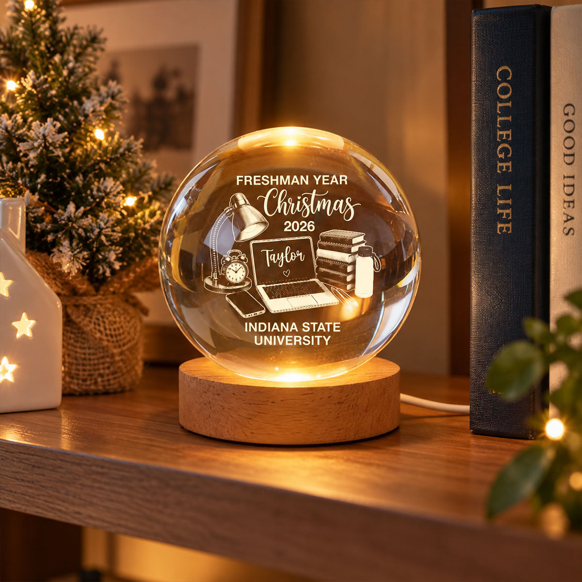 Freshman Year Christmas Study Desk – Personalized Crytal Ball Night Light – College Student Christmas Gift, First Year Keepsake