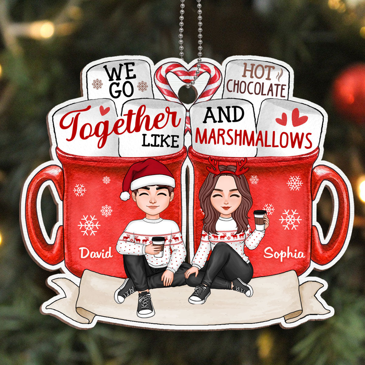 Cute Couple Sitting Hot Chocolate Personalized Wooden Ornament