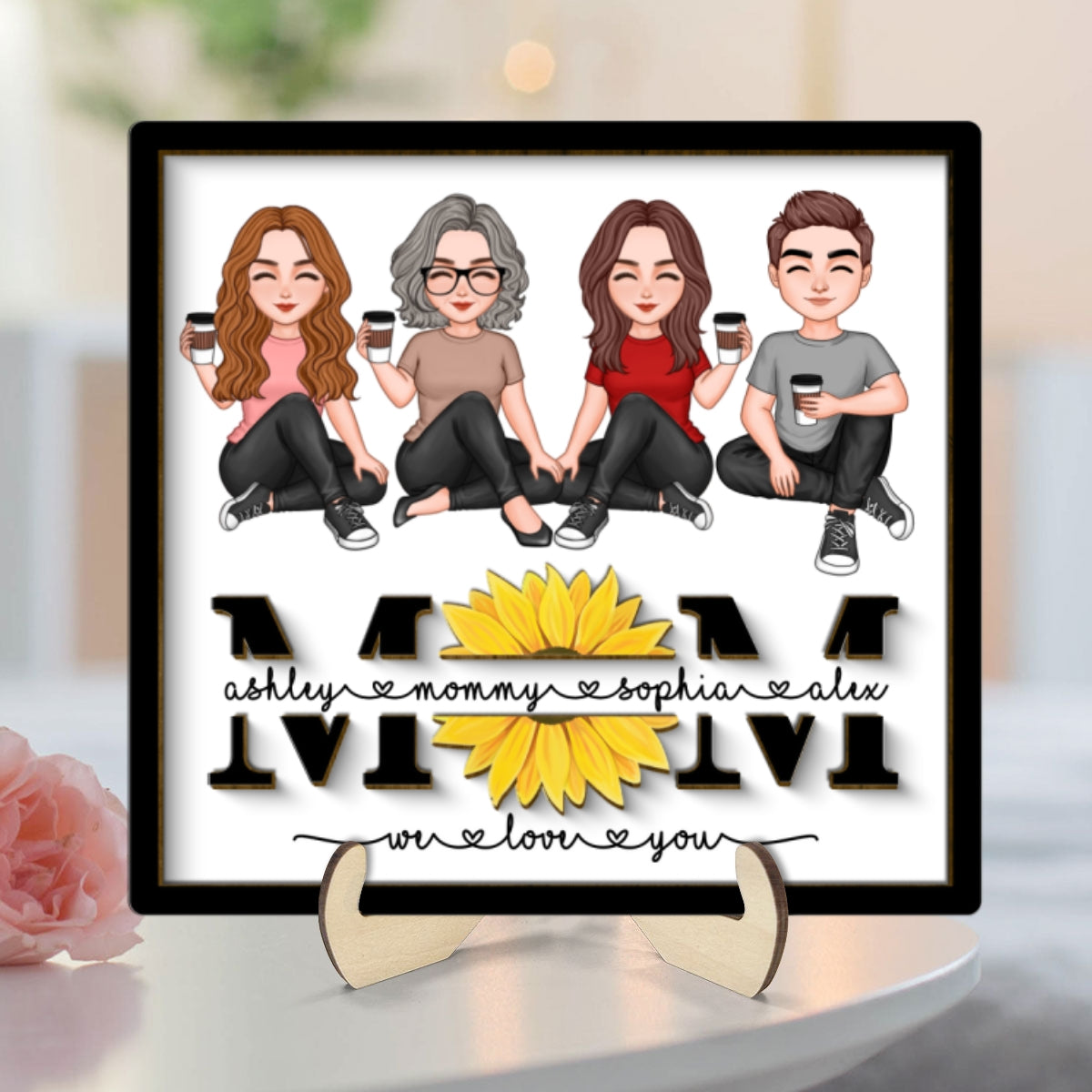 Mom We Love You Sunflower Vector Sitting On Text Personalized 2-layer Wooden Plaque, Gift For Mom