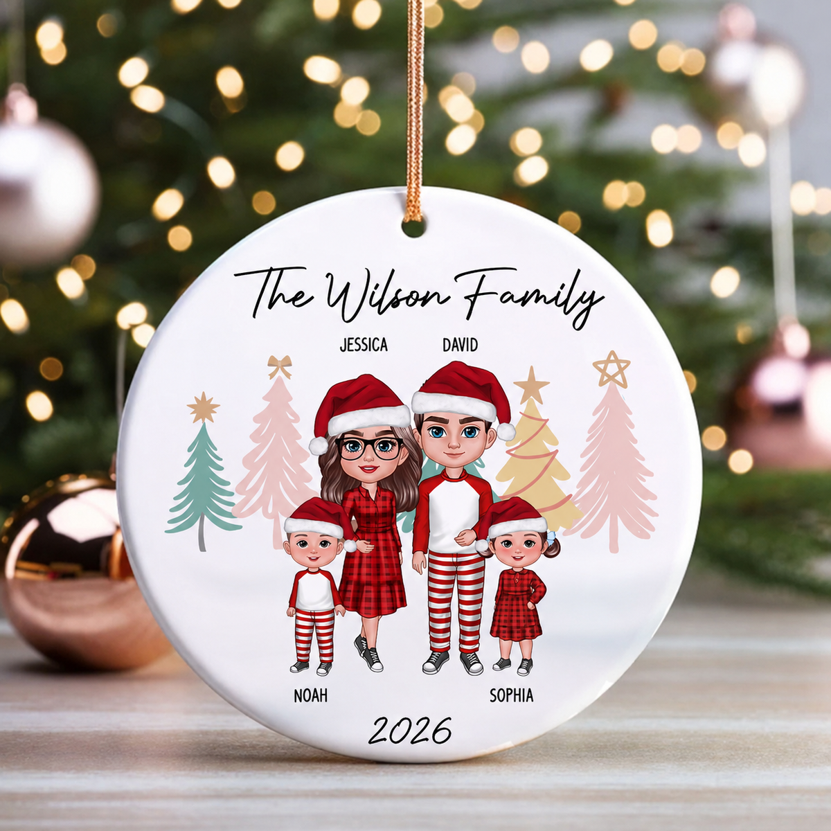 Family Standing Personalized Ceramic Circle Ornament, Christmas Gift for Husband, Daughter, Son