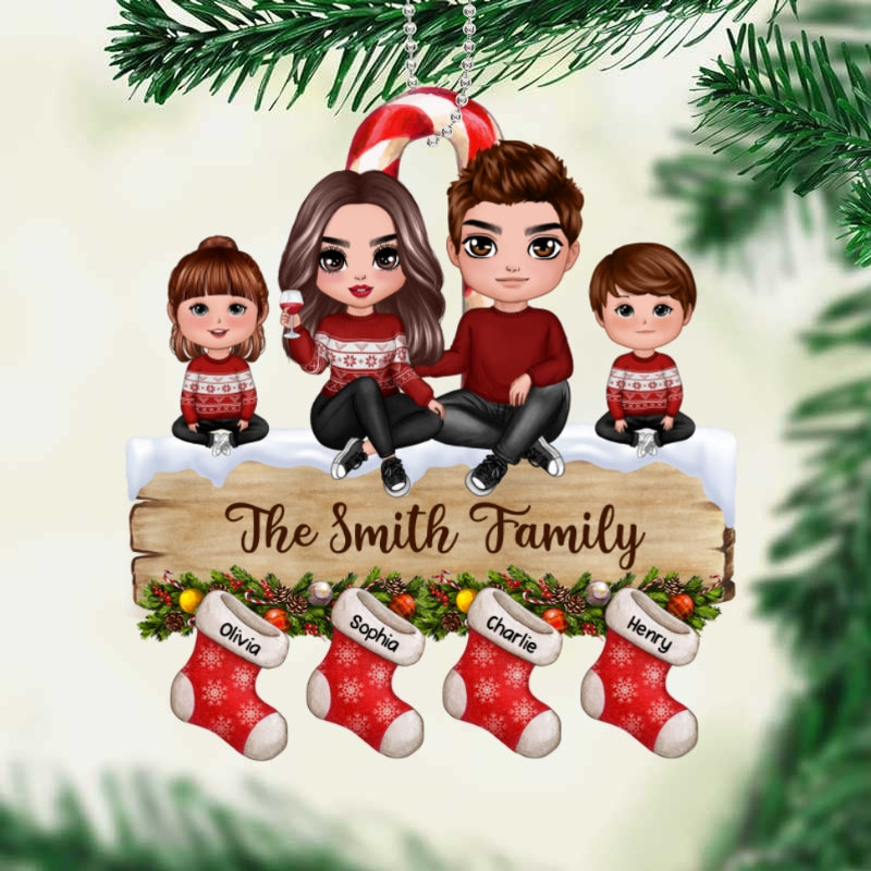 Doll Family Sitting On Palette Stocking Personalized Wooden Ornament