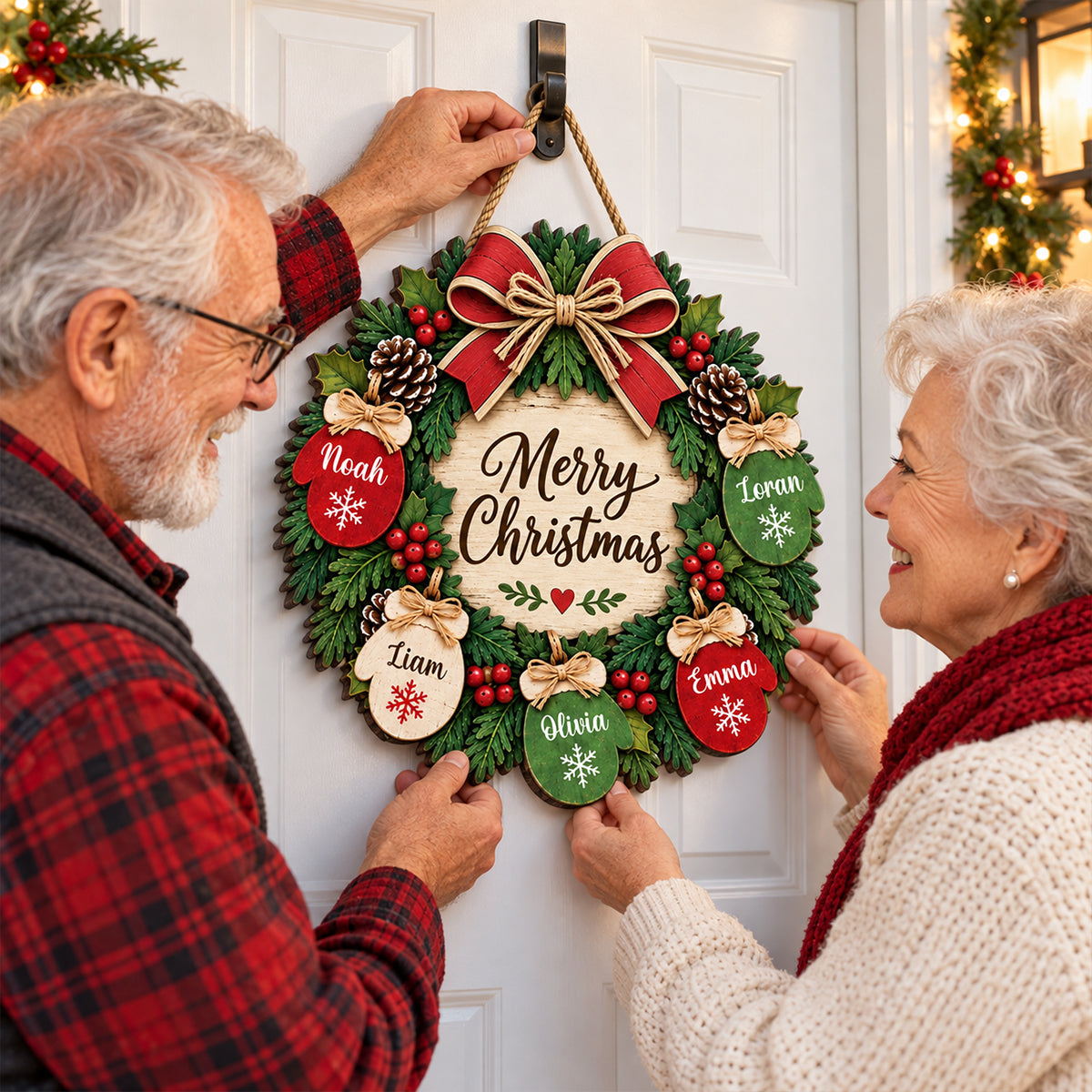 Home For The Holidays Mittens On Wreath 2D Flat Printed - Personalized Wood Sign - Christmas Decor For Family, Grandparents