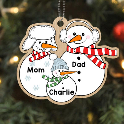 Grandparents Dad Mom Kids Snowman Personalized Wooden Ornament