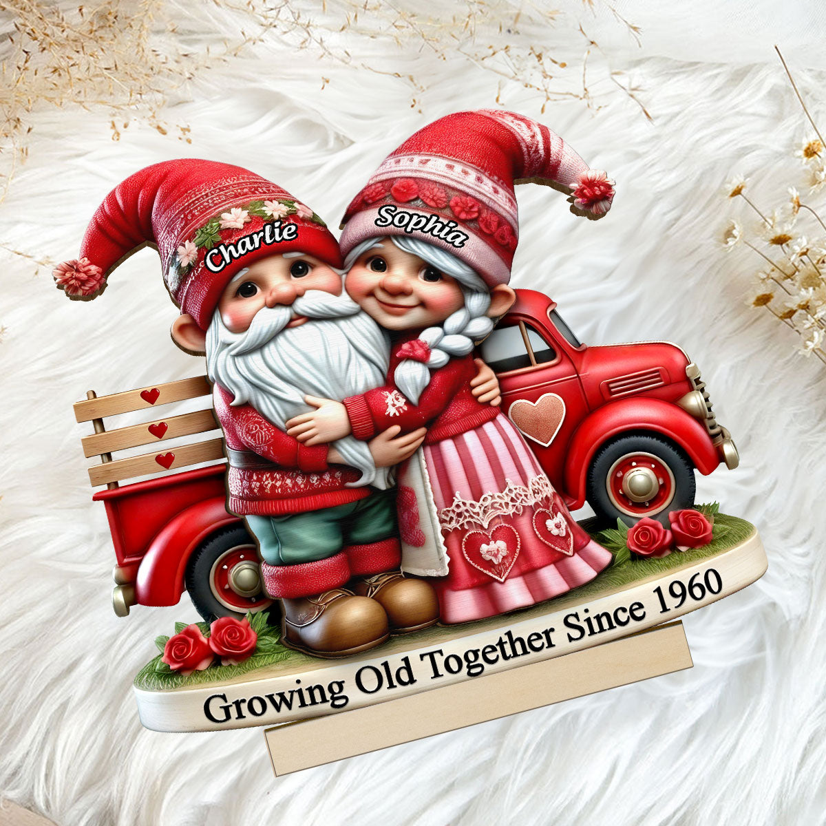 3D Effect Gnome Couple  Truck Personalized 2-Layer Standing Wooden Plaque, Heartfelt Gift For Her, For Wife