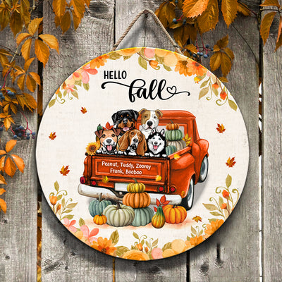 Hello Fall Dogs On Truck Personalized Wooden Door Sign
