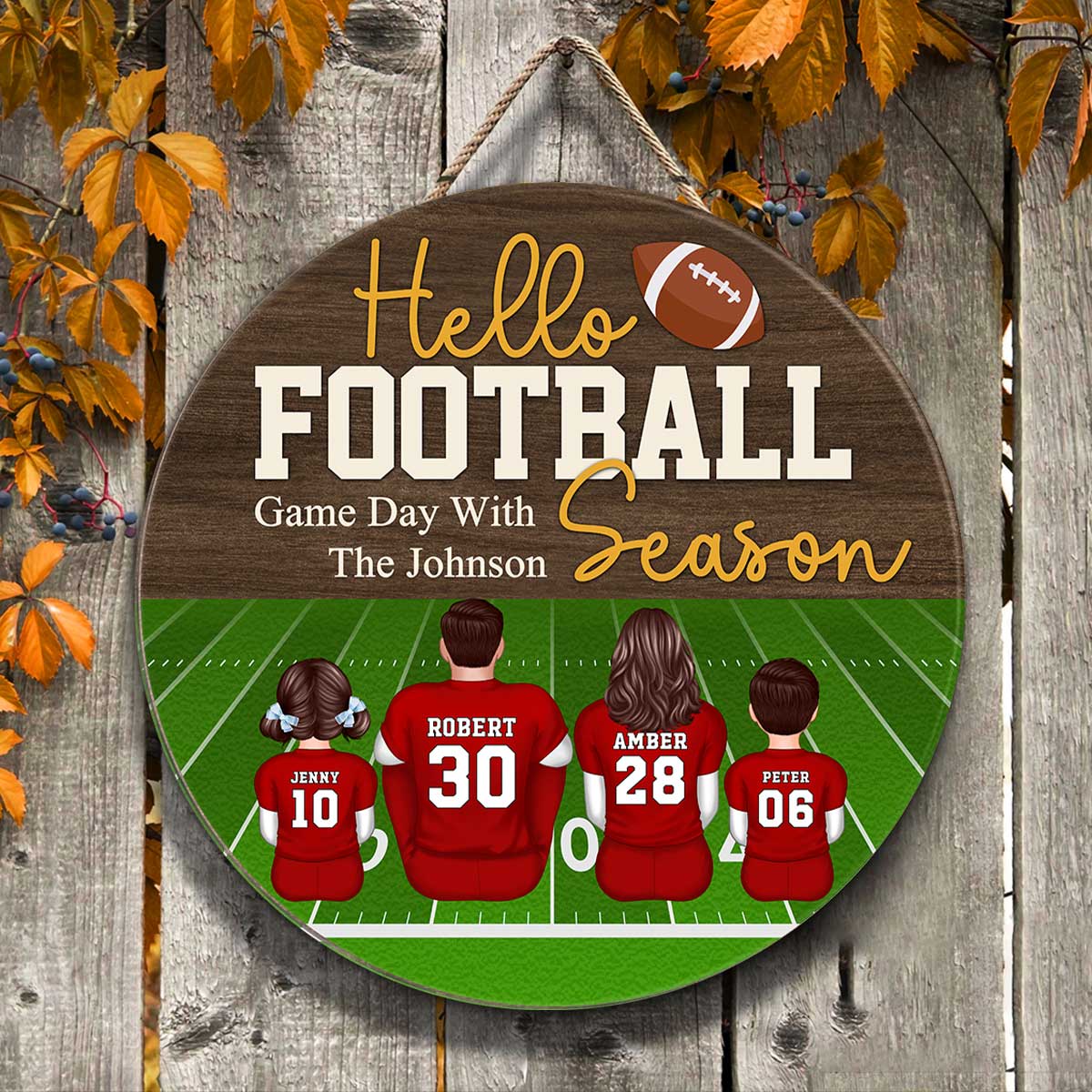Hello Football Season Personalized Round Door Hanger, Family Fall Decor