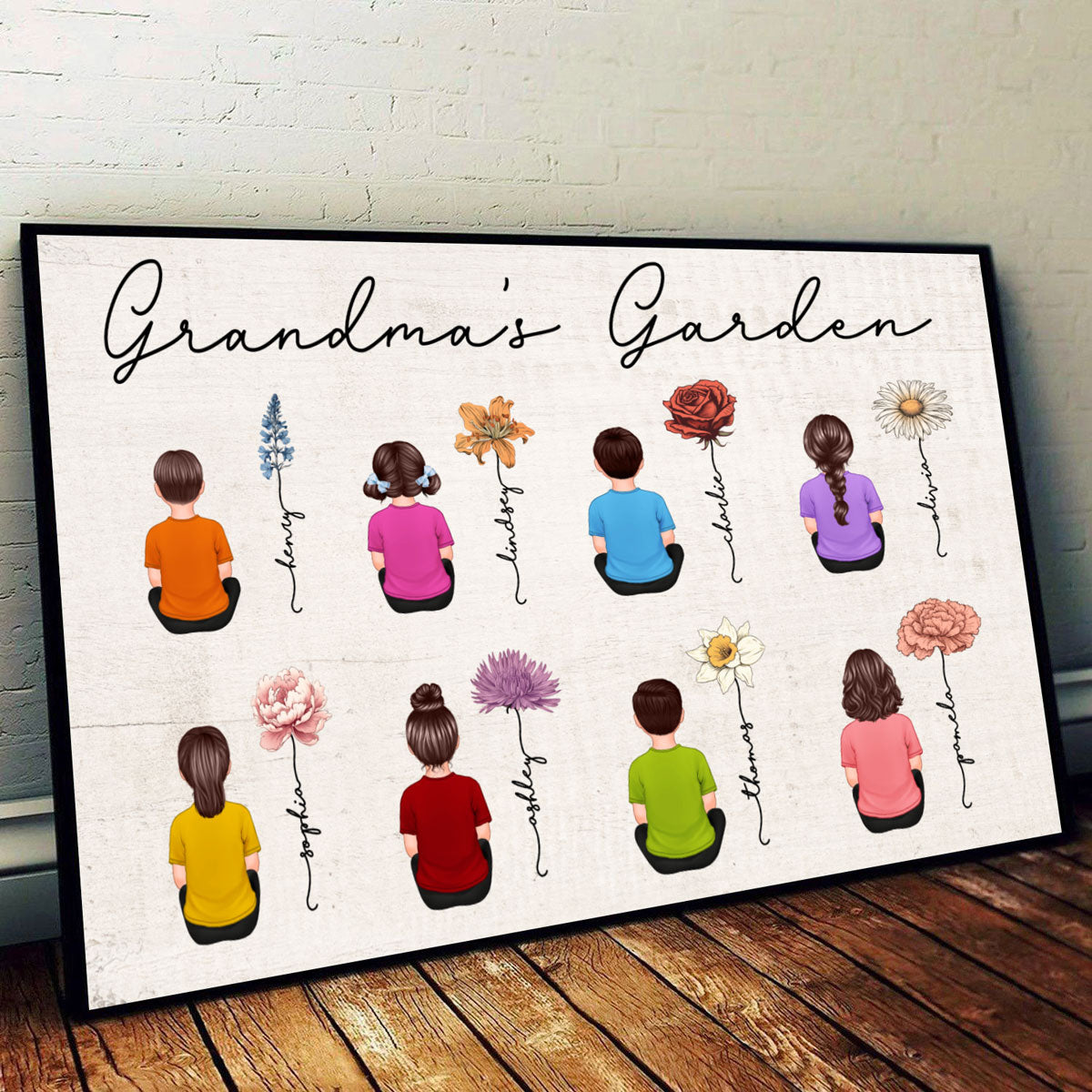 Vintage Birth Month Flowers Garden With Grandkids Names - Personalized Poster - Gift For Grandma, Mom, Auntie