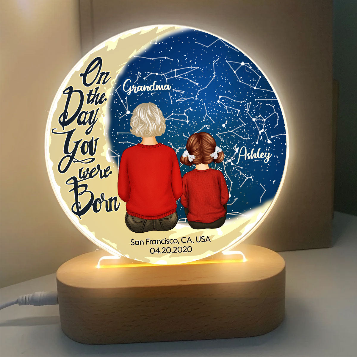 Grandma Grandkid Sitting On Moon Stargazing Star Map Personalized Circle LED Night Light