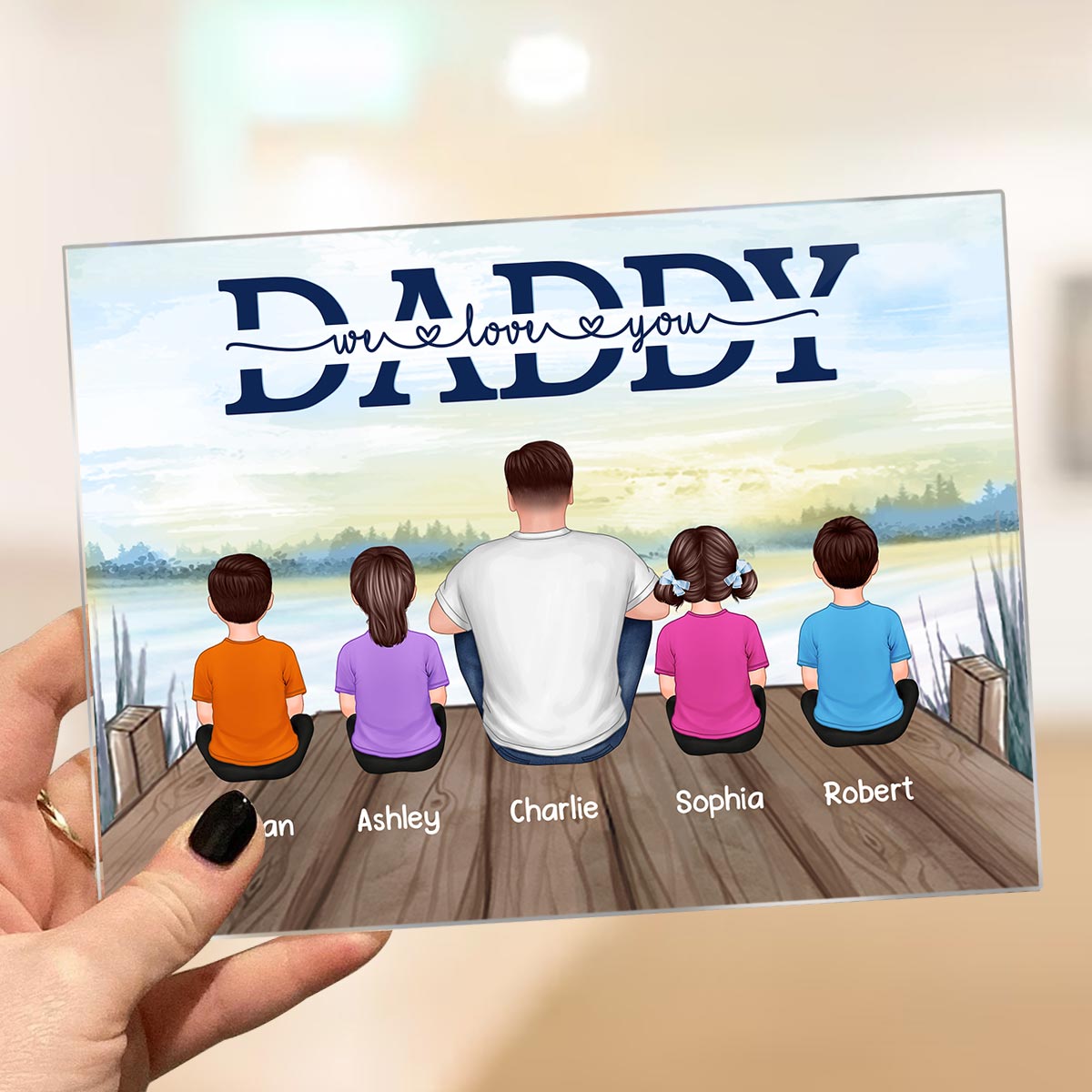 Dad And Kids Sitting Back View Lake Personalized Rectangle Acrylic Plaque