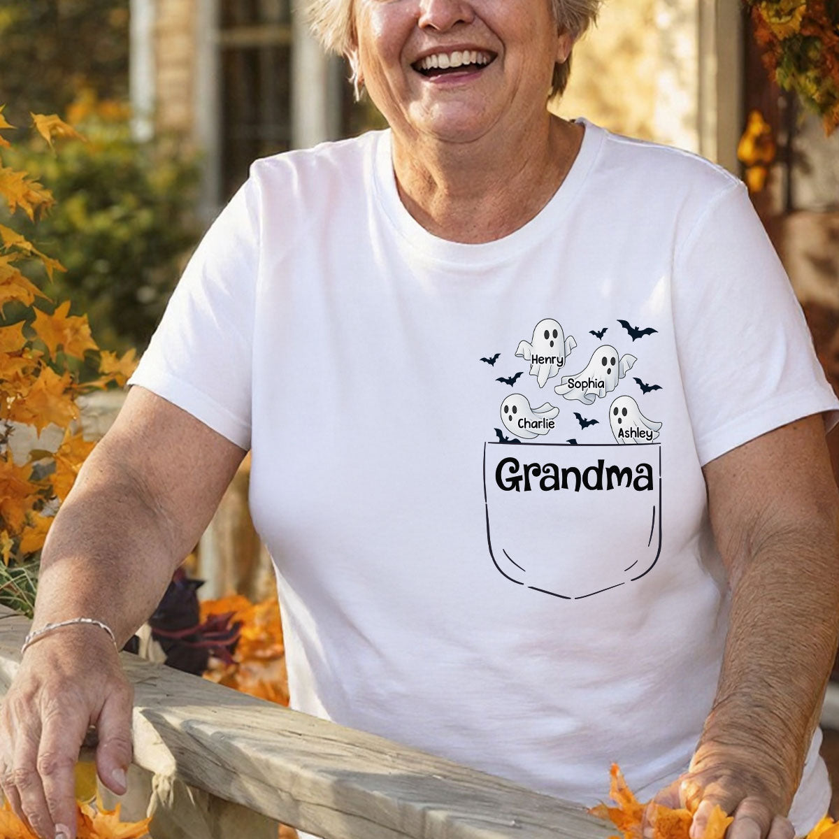 Grandma Cute Ghost and Bat Halloween In Pocket Effect Personalized Shirt