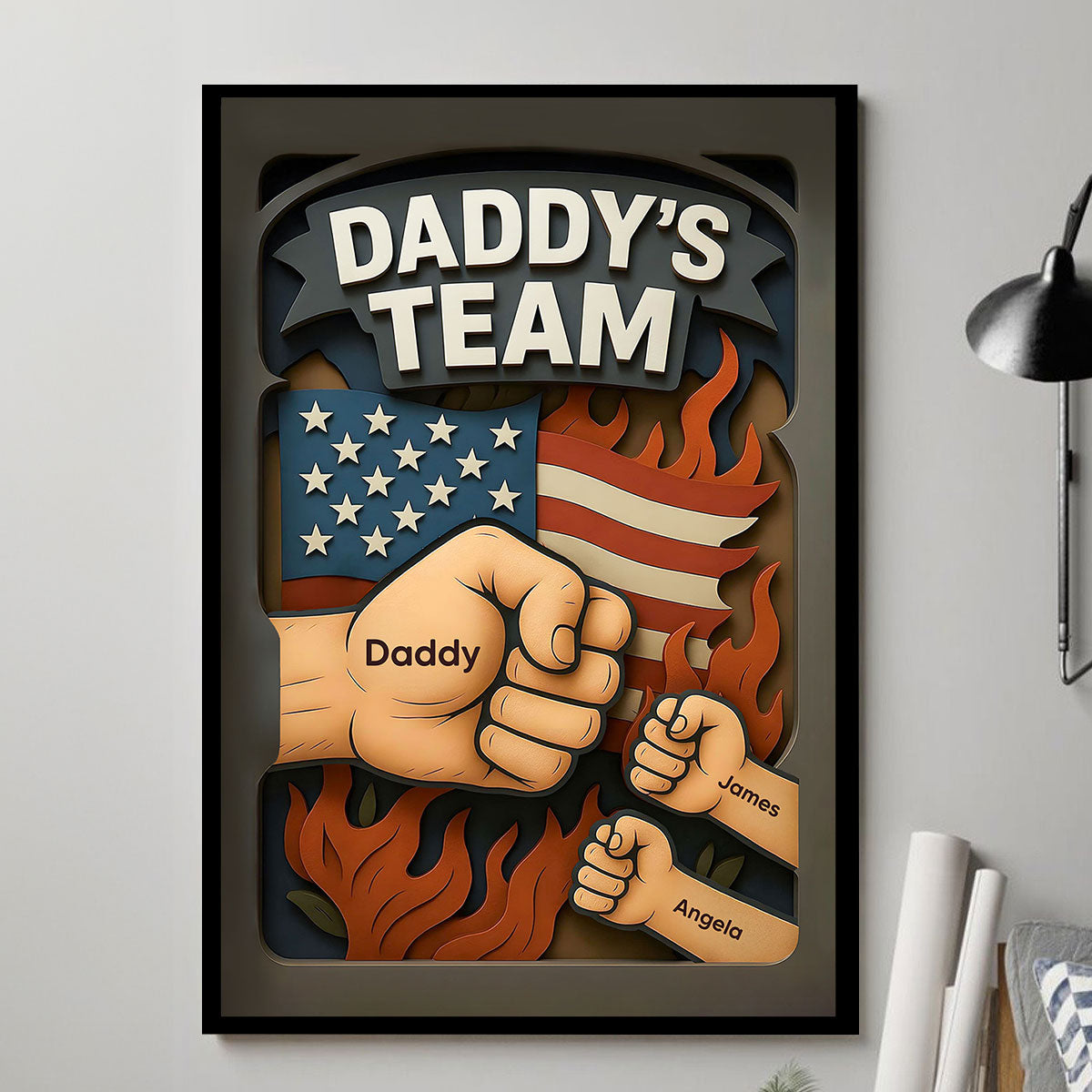 Daddy's Team Fist Bump 3D Effect Layered Personalized Poster, Father's Day Gift for Dad