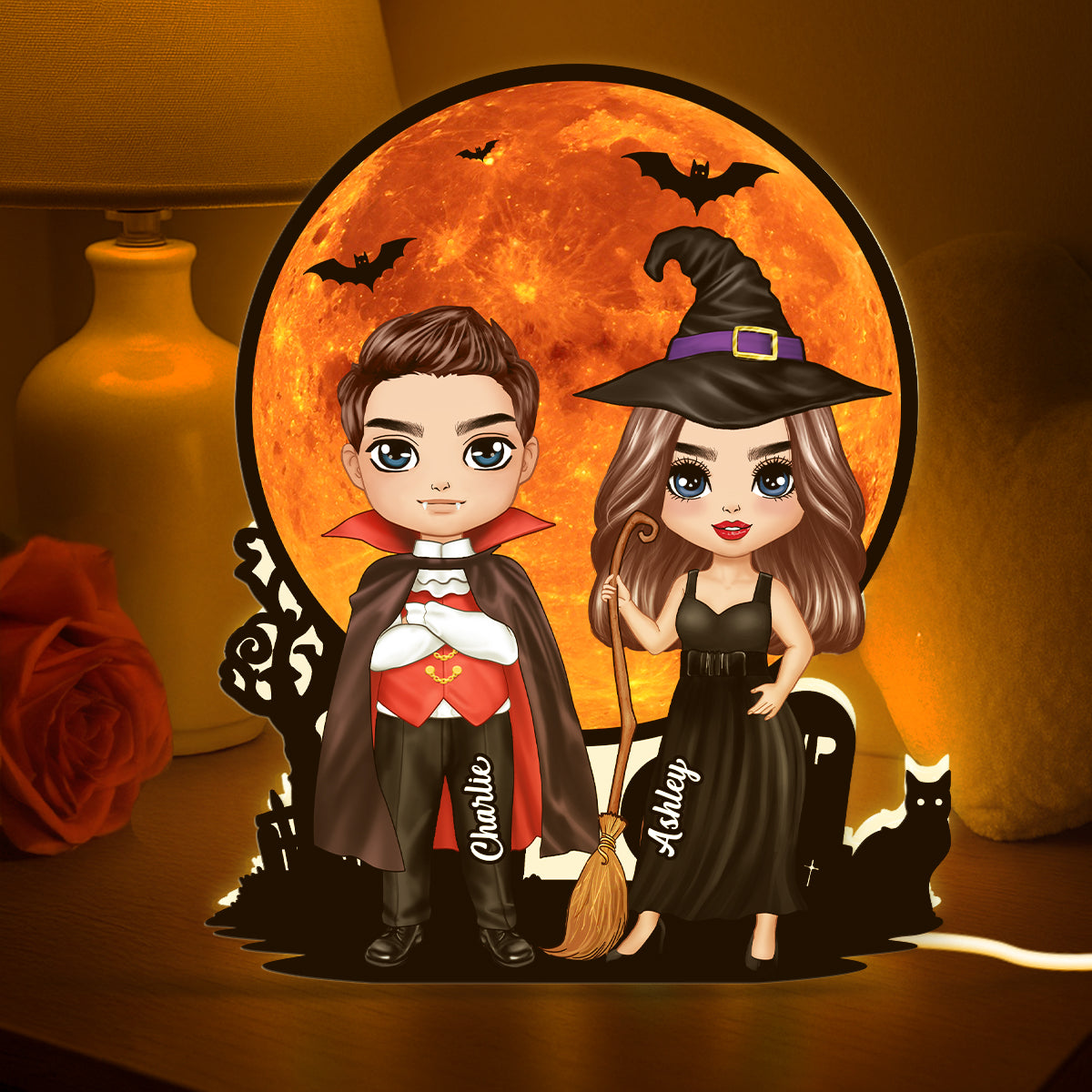 Couple Under Halloween Moon Tabletop Halloween Decor Personalized Light Box
