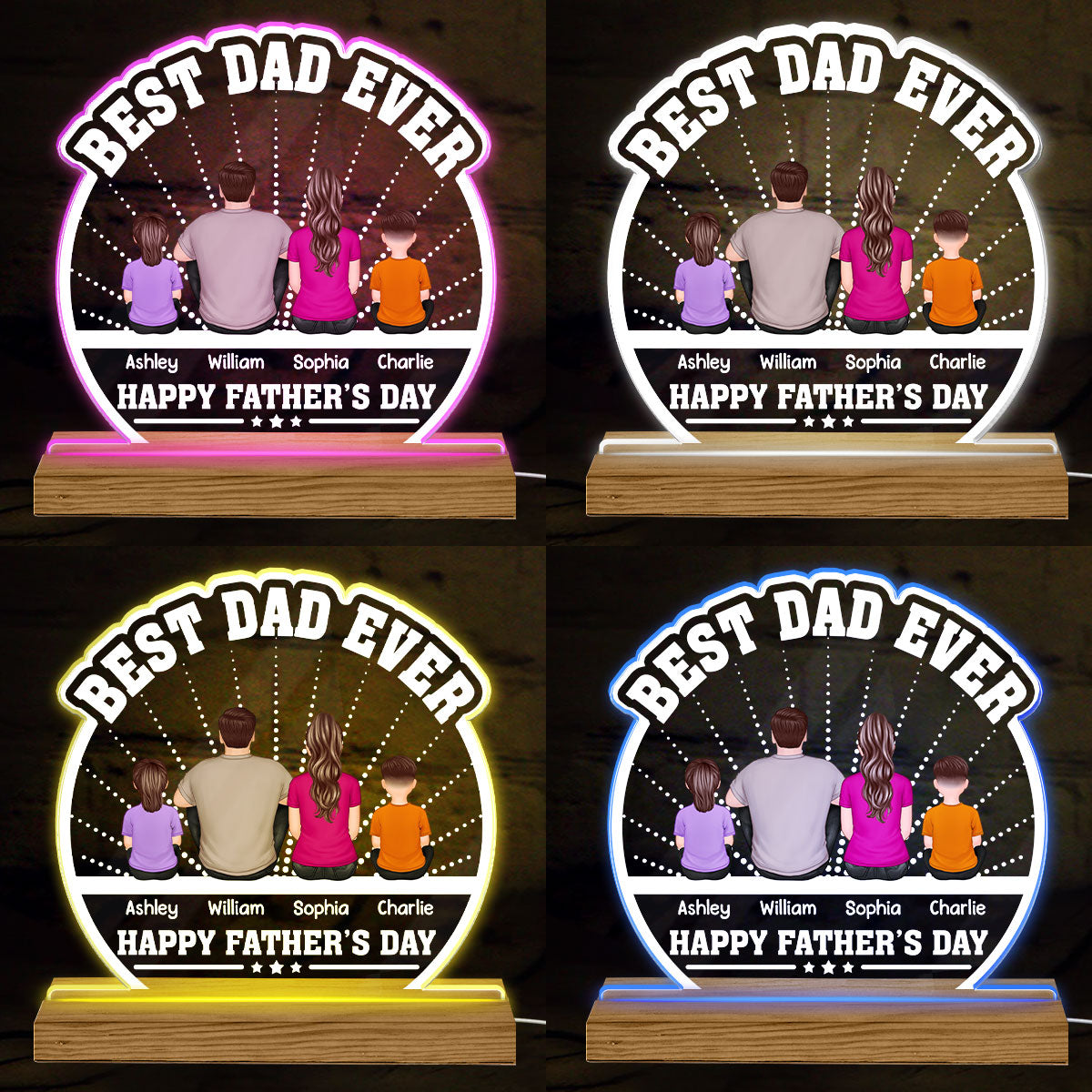 Best Dad Ever Back View Man Kids Dog Cat - Personalized Acrylic LED Night Light - Gift For Dad
