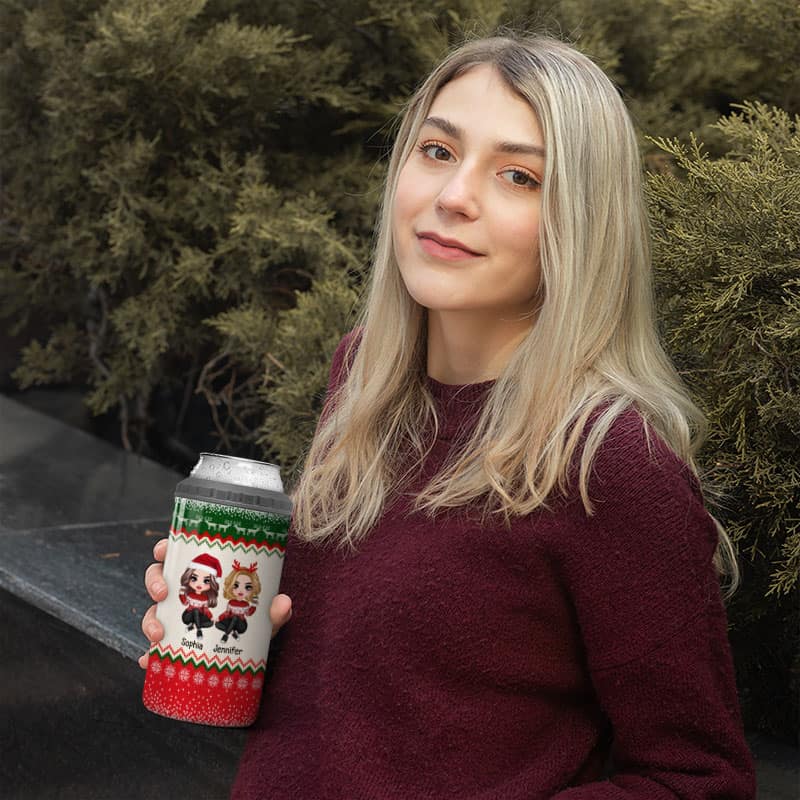 Besties Sisters Christmas Ugly Sweater Pattern Personalized 4 In 1 Can Cooler