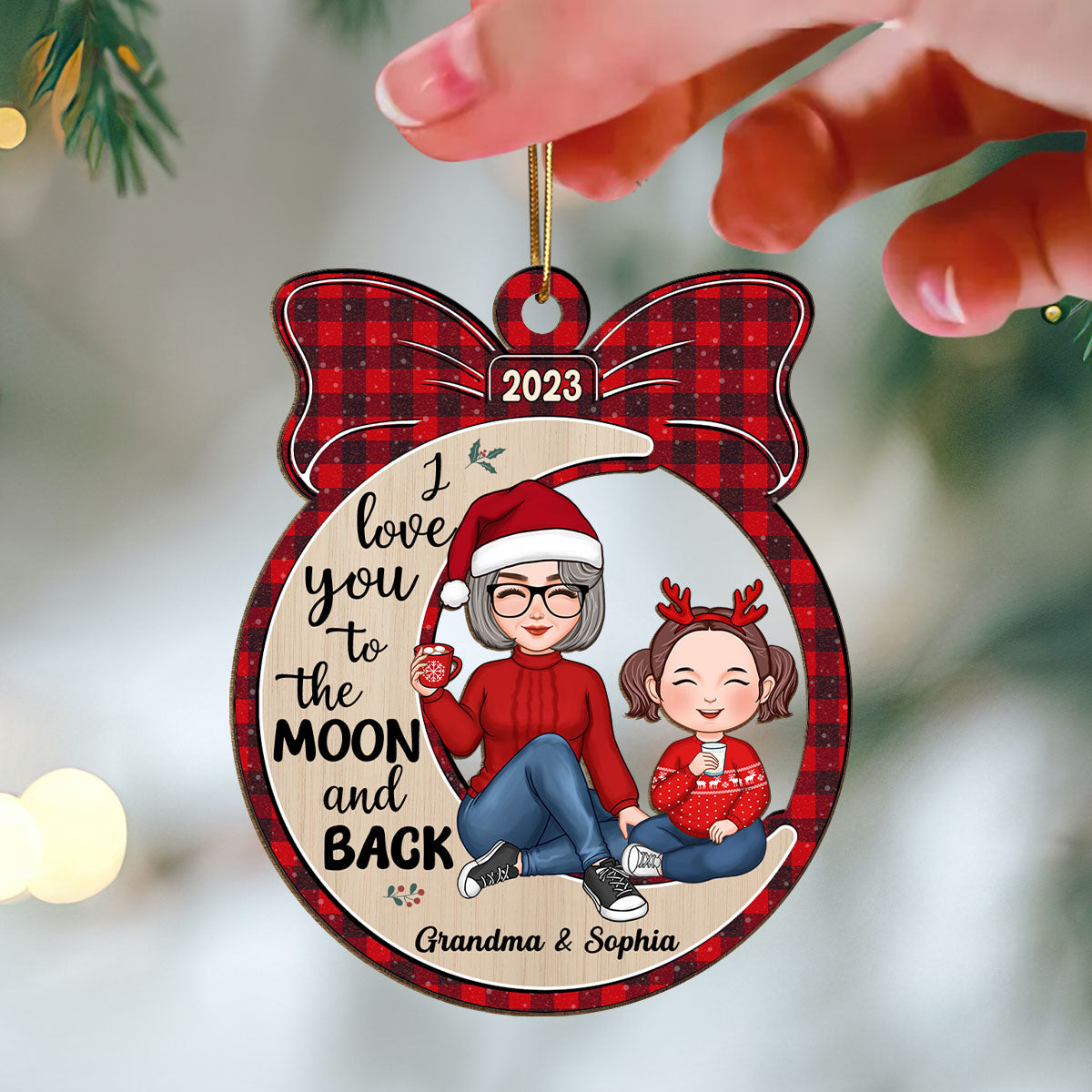 Cute Grandma & Grandkid Sitting Moon Gift Personalized Wooden Ornament