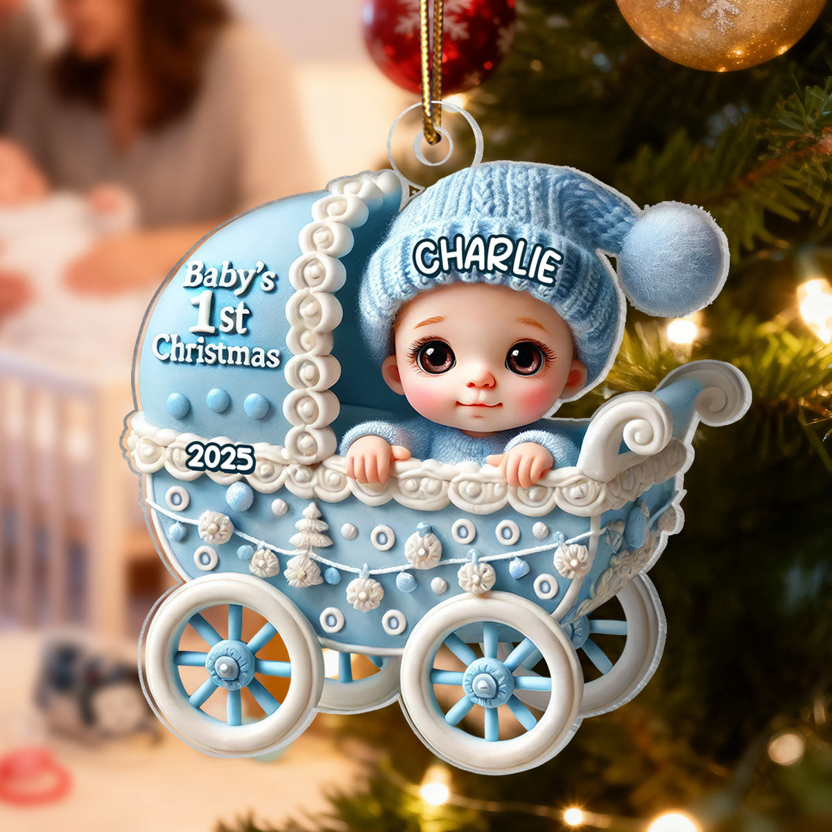 3D Effect Newborn Baby In Carriage Christmas Personalized Flat Acrylic Ornament, Christmas Gift For Newborns, New Parents